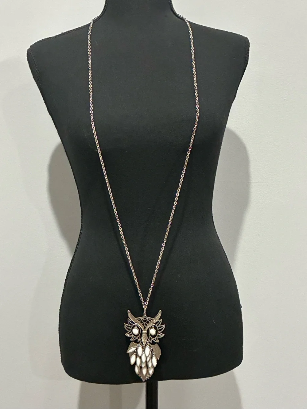 Owl Pendant Long Necklace - Silver and White